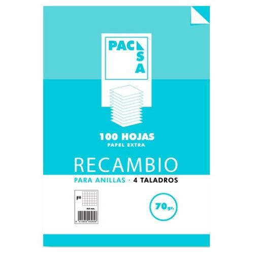 RECAMBIO 70 GRS. 4 TALADROS FOLIO (215X310MM.) 100 HOJAS CUADRÍCULA 4X4 CON MARGEN PACSA - Pack de 25 Unidades - 21211