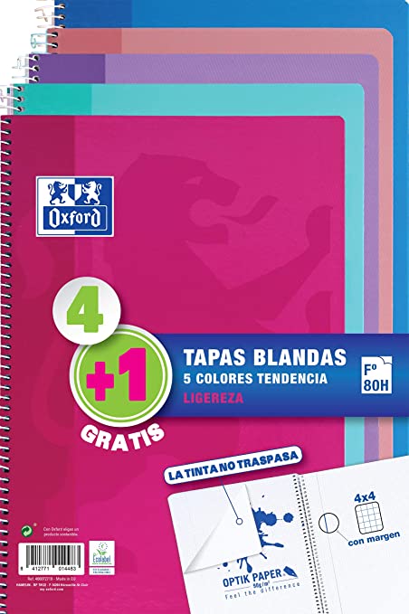 PACK 4+1 CUADERNO ESPIRAL TAPA BLANDA FOLIO 80 HOJAS 4X4 CON MARGEN COLORES TENDENCIA OXFORD 400072719