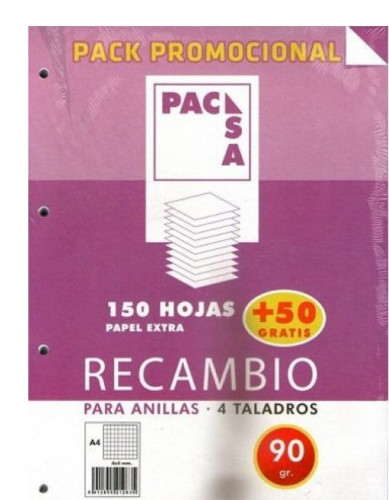 PACK RECAMBIO 90 GRS. 4 TALADROS . DIN A4 CUADRICULA 4X4 150 HOJAS + 50 GRATIS PACSA 21283