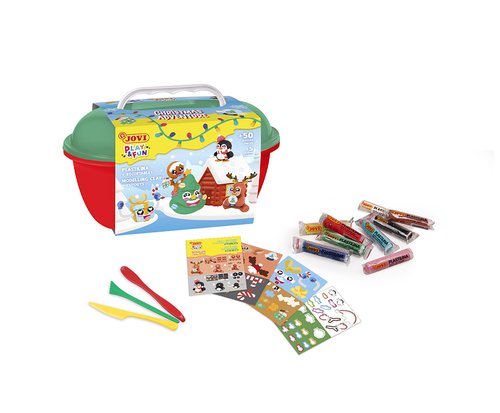 JOVI COFRE PLAY&FUN 24 PASTILLAS PLASTILINA 15GR + MOLDEADORES + RECORTABLES NAVIDAD