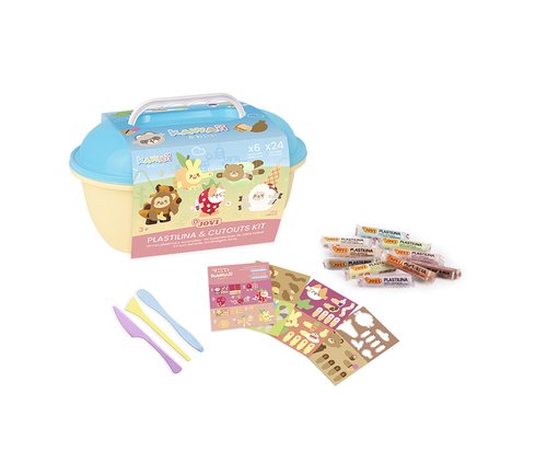 JOVI COFRE KAWAII 24 PASTILLAS PLASTILINA 15GR + TROQUELADO0S + 3 ESPÁTULAS DE COLORES