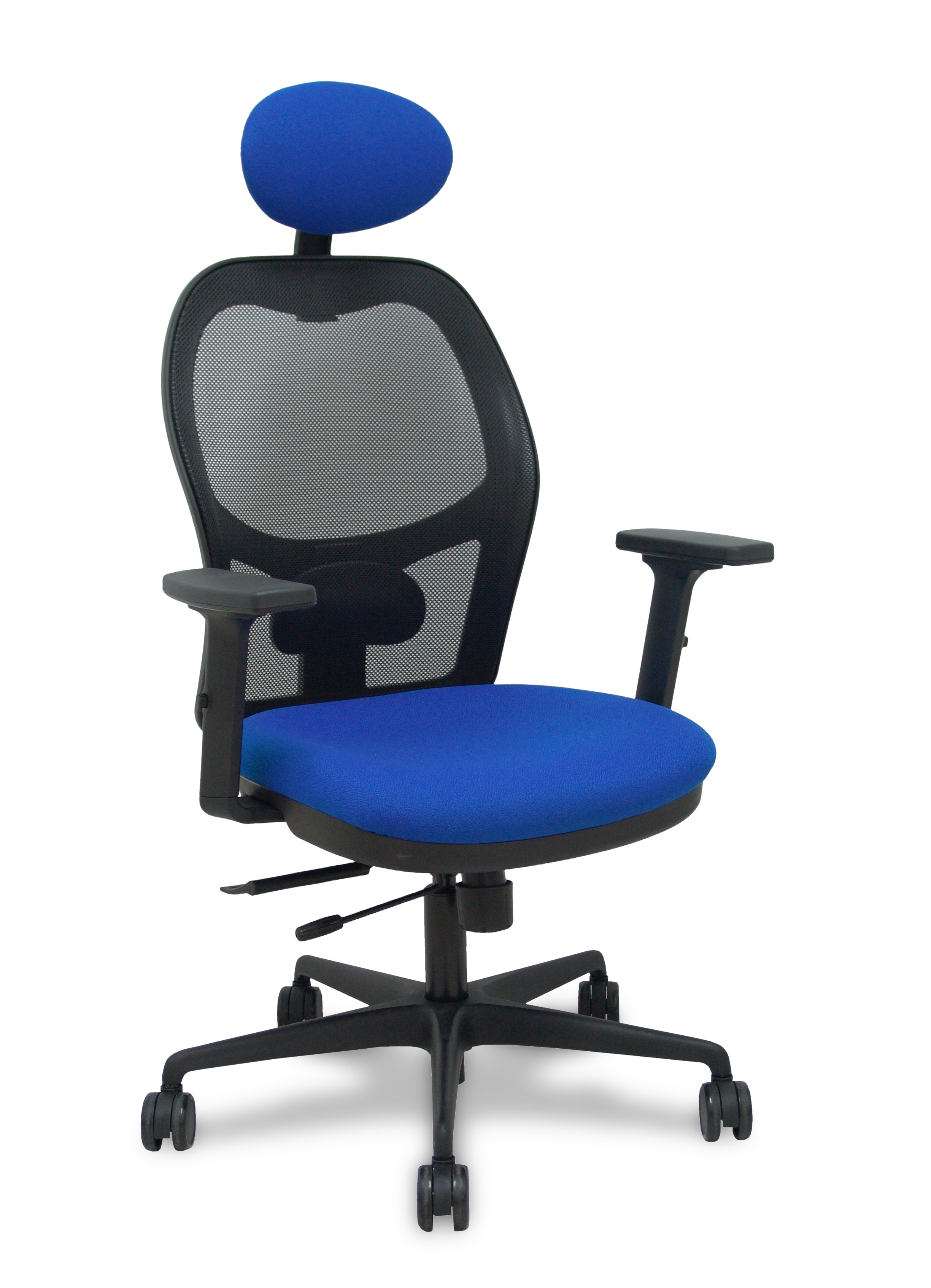 Silla Jorquera traslack malla negra asiento bali azul brazos 2D cabecero fijo