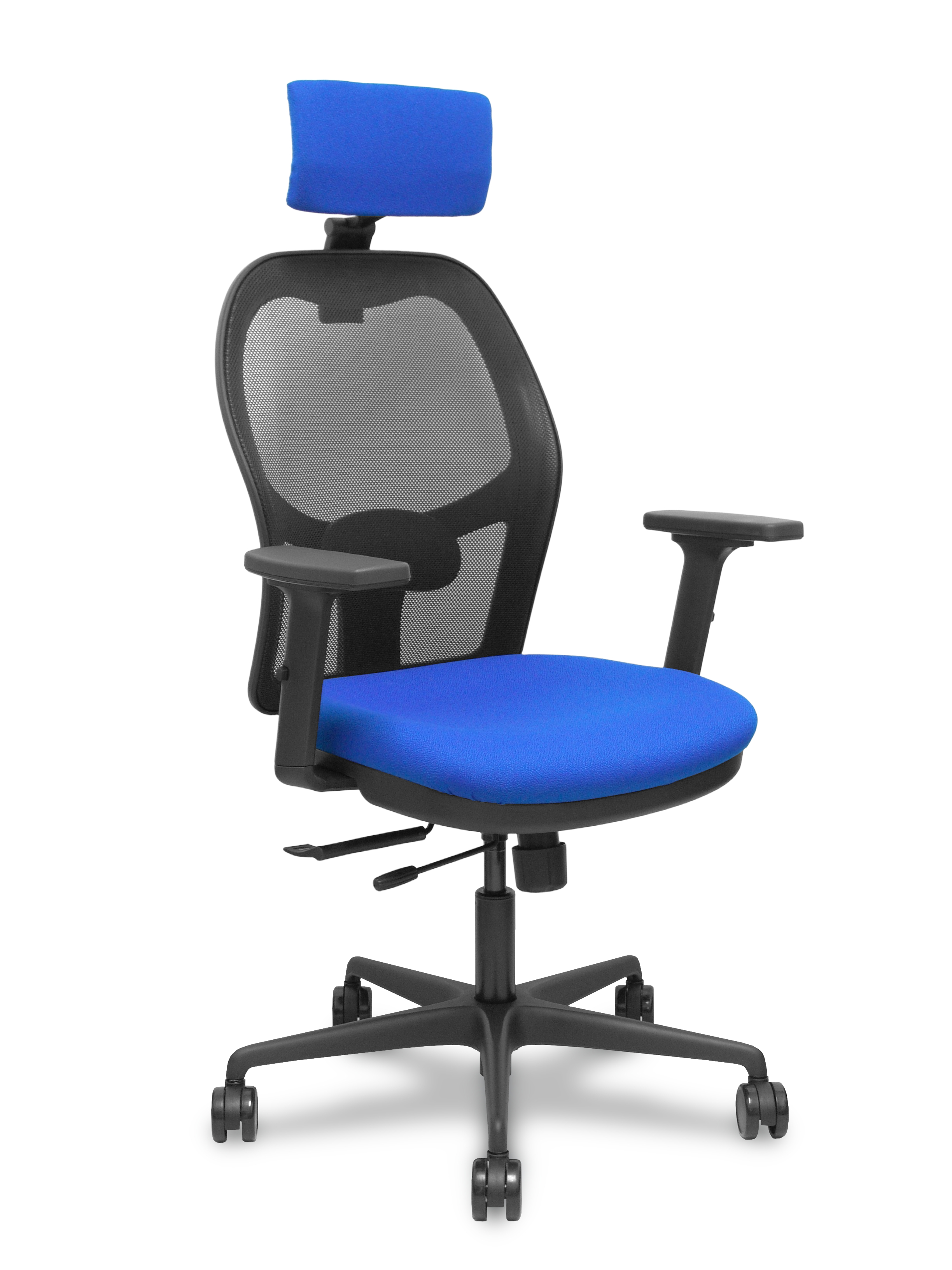 Silla Jorquera traslack malla negra asiento bali azul brazos 2D cabecero regulable
