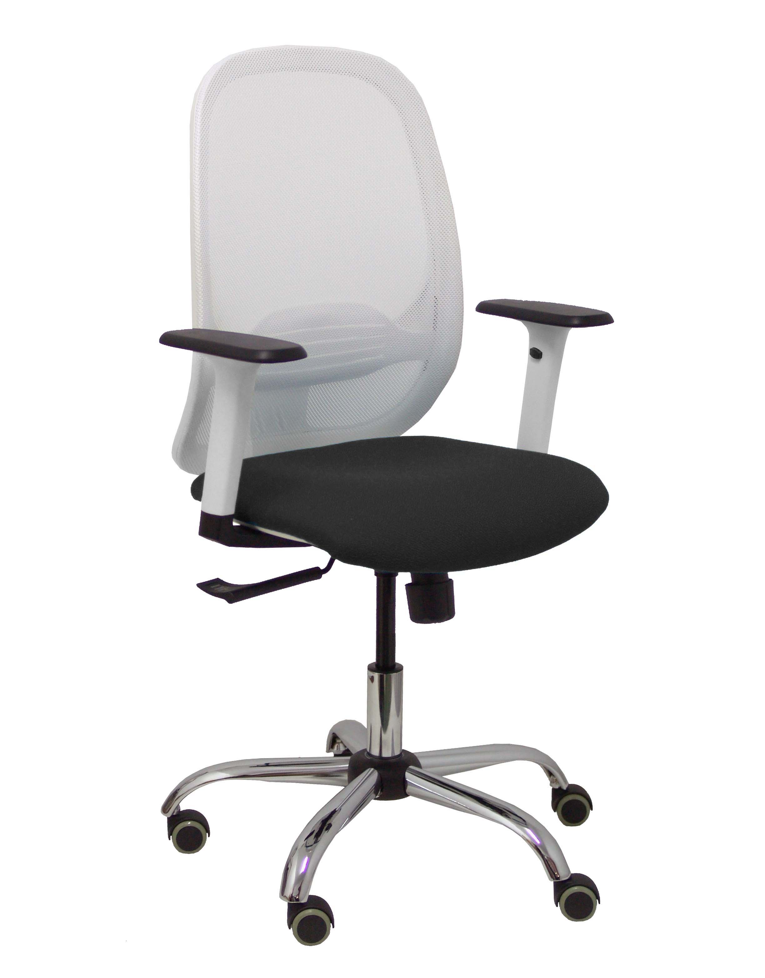 Silla Cilanco blanca malla blanca asiento similpiel negro brazo regulable base cromada ruedas de
