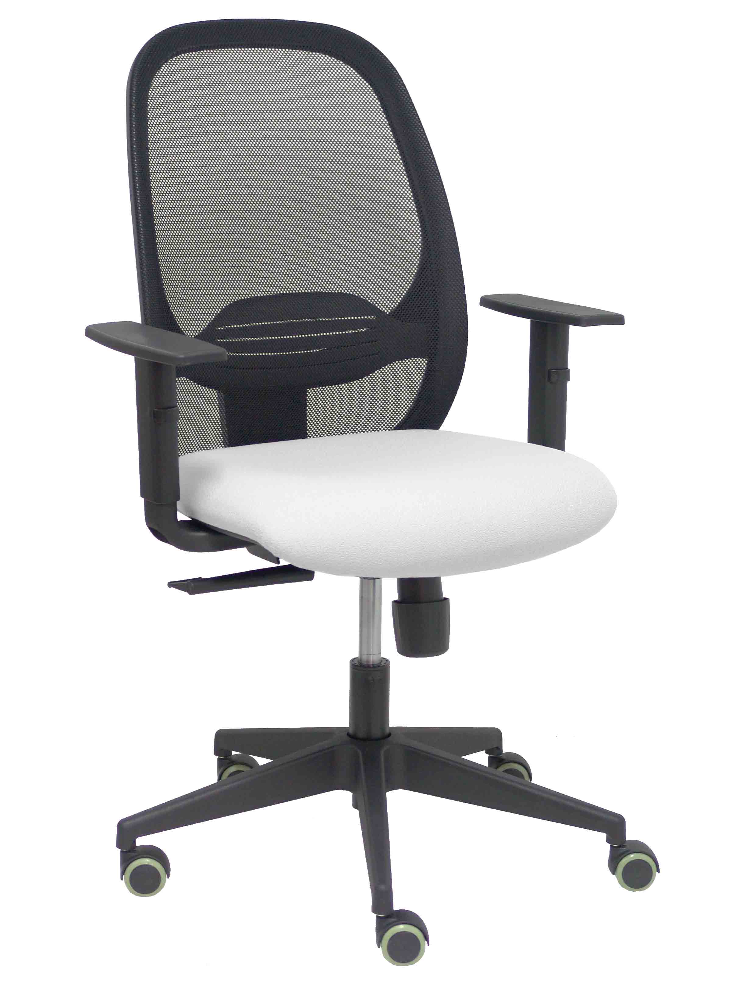 Silla Cilanco negra malla negra asiento bali blanco brazo regulable.