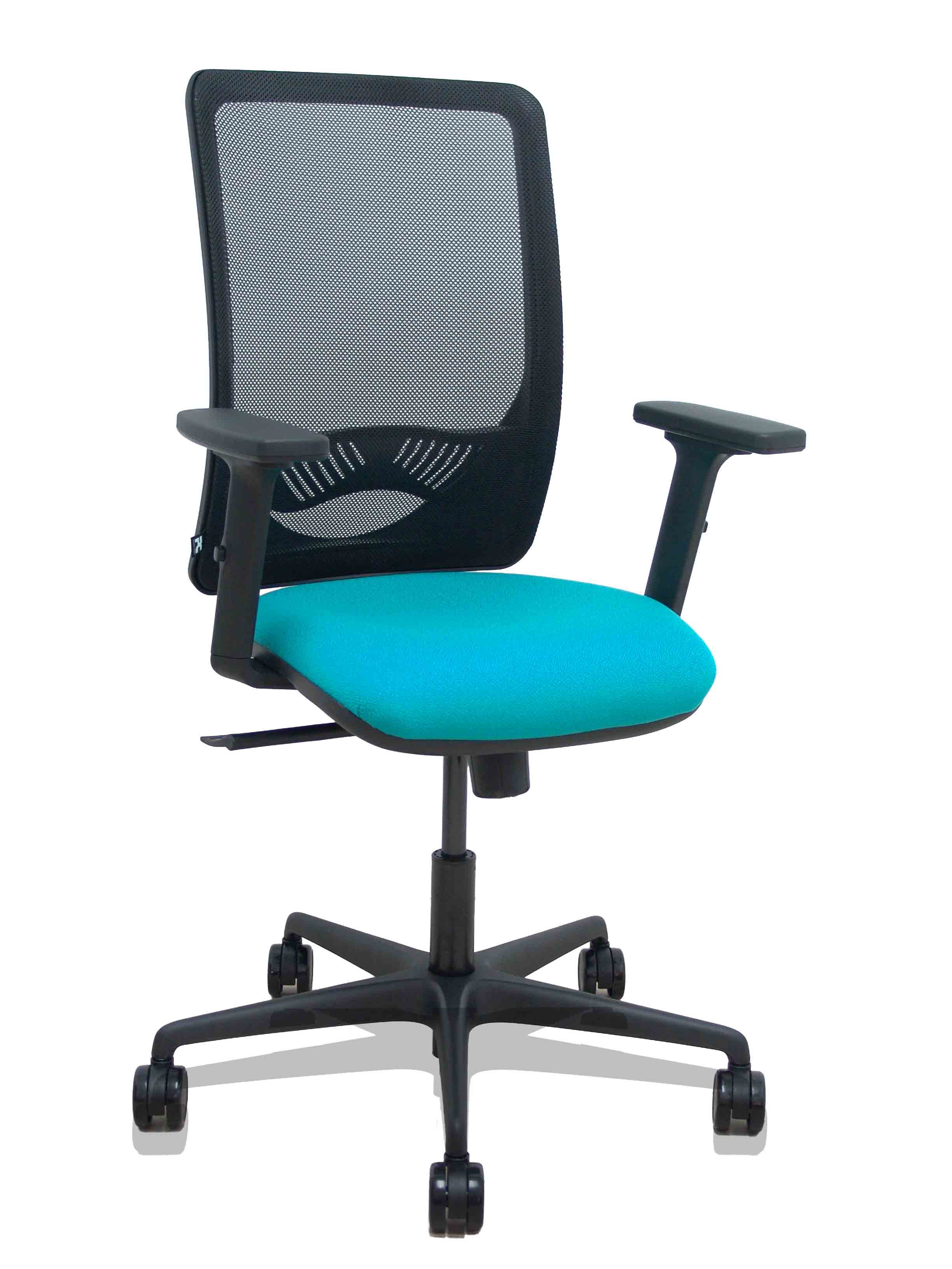 Silla Zulema sincro malla negra asiento bali turquesa brazos 2D ruedas 65mm