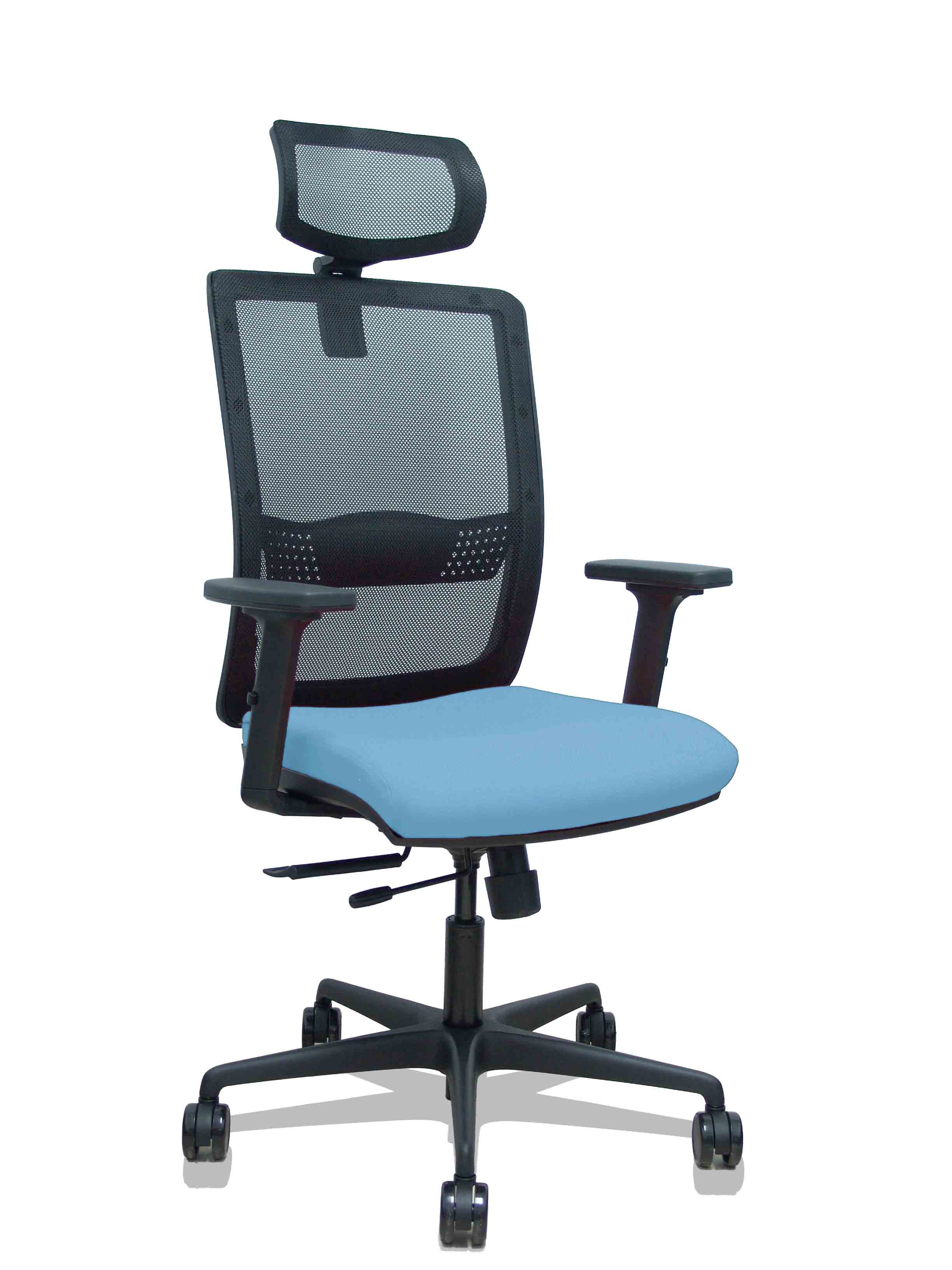 Silla Haches traslack malla negra asiento bali azul cielo brazos 2D ruedas 65mm cabecero regulable