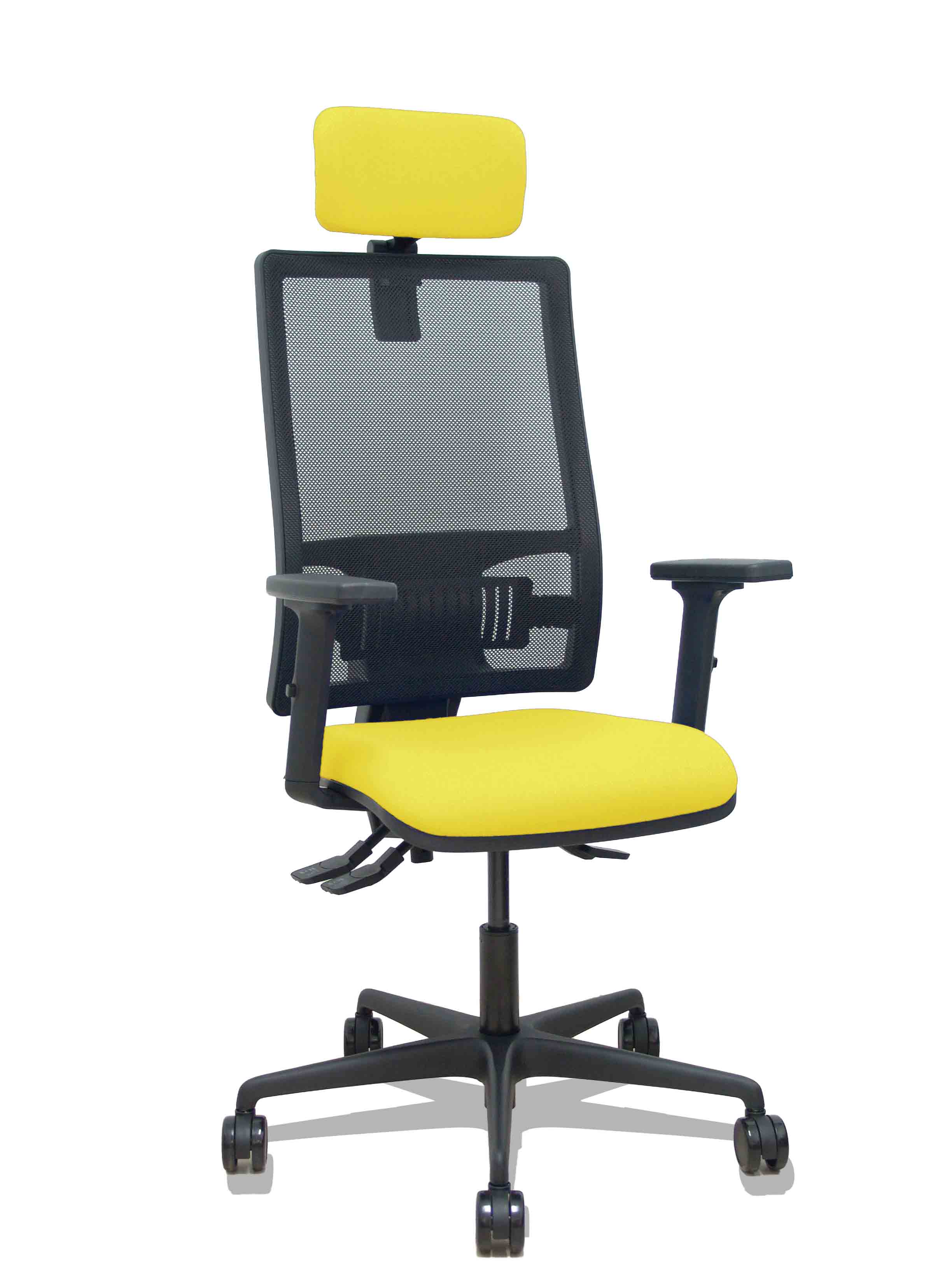 Silla Bormate asincro malla negra asiento bali amarillo brazos 2D ruedas 65mm cabecero regulable