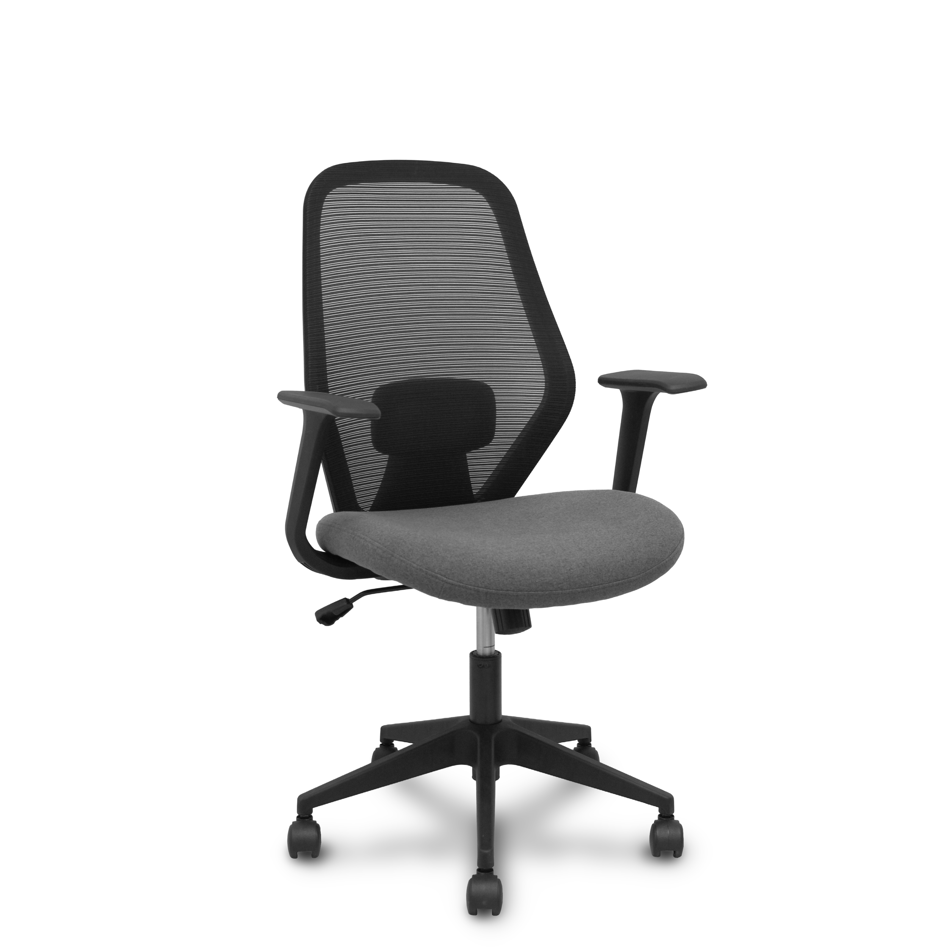 Silla Ergo529 respaldo malla negro asiento tela gris base piramidal ruedas nailon