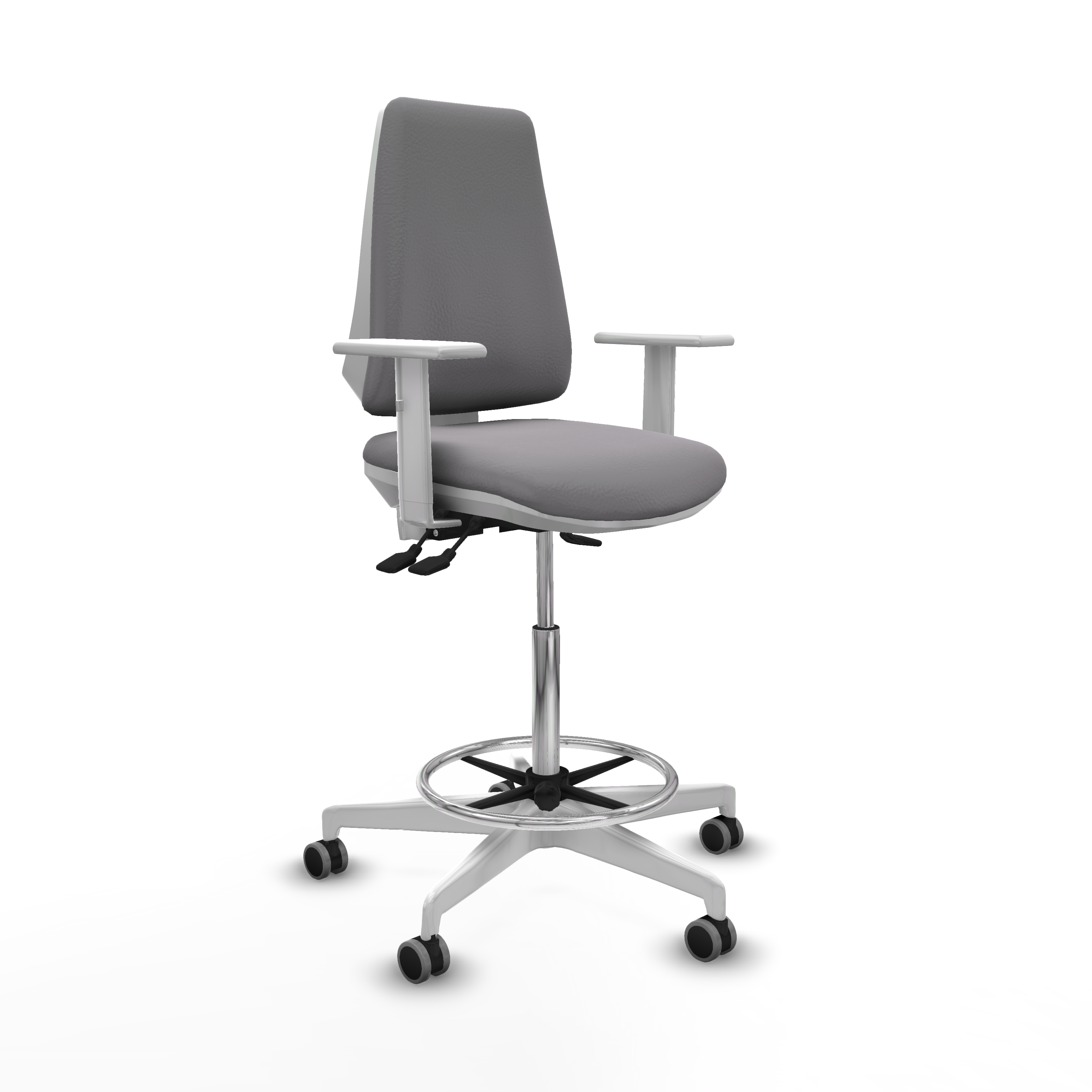 Taburete Elche blanco AS similpiel gris brazos blancos base blanca ruedas 65mm engomadas