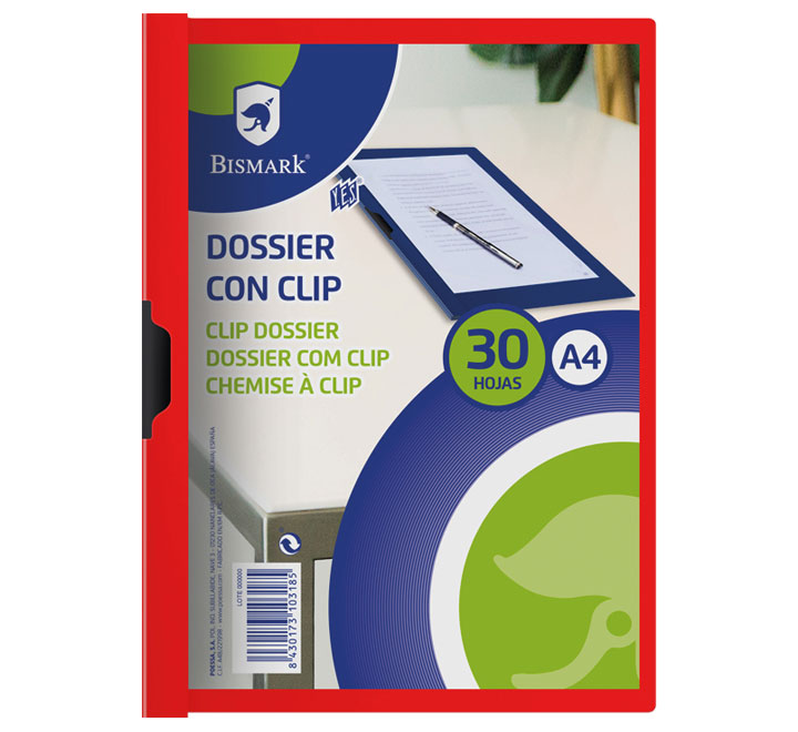 PAQ. 5 DOSSIER CLIP BISMARK A4 ROJO PP
