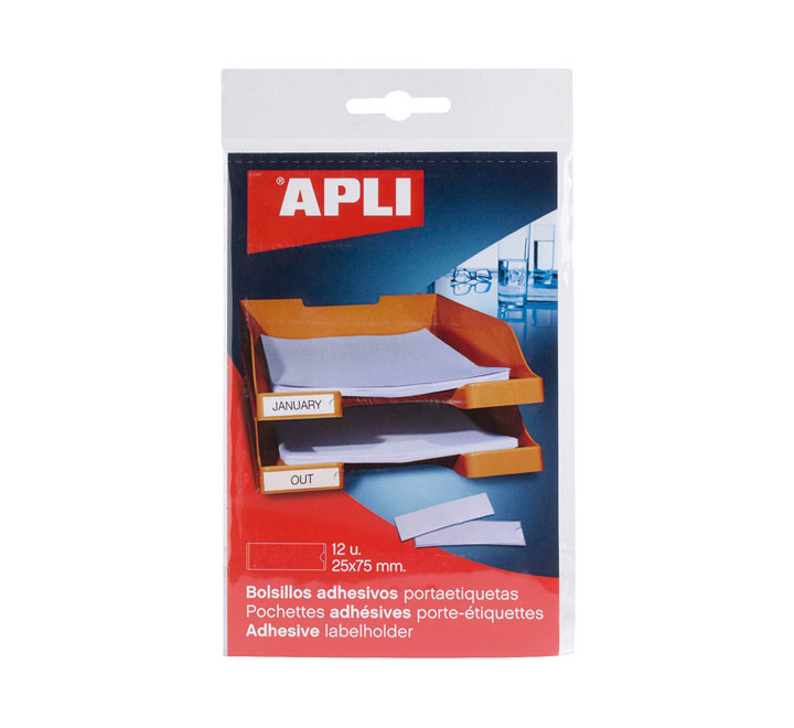 PACK 12 BOLSILLOS ETIQ. APLI ADH. TRANSP. 25X75MM