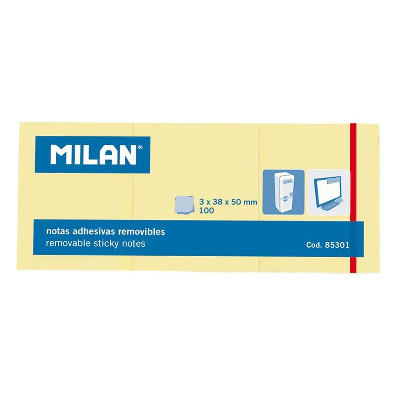 MILAN 3 BLOCS NOTAS ADHESIVAS 3X100 HOJAS 38X50MM AMARILLO -10U-