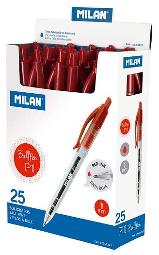 MILAN BOLÍGRAFO P1 CUERPO TRANSPARENTE ROJO -CAJA EXP 25U-