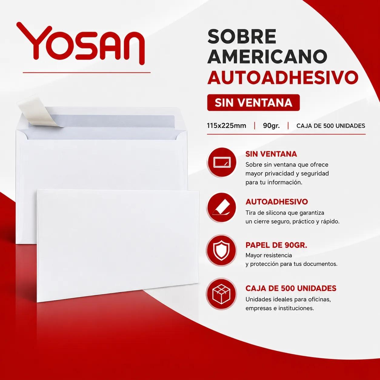 YOSAN SOBRE OFFSET 90 GR 115X225 BLANCO SIN VENTANA -500U-