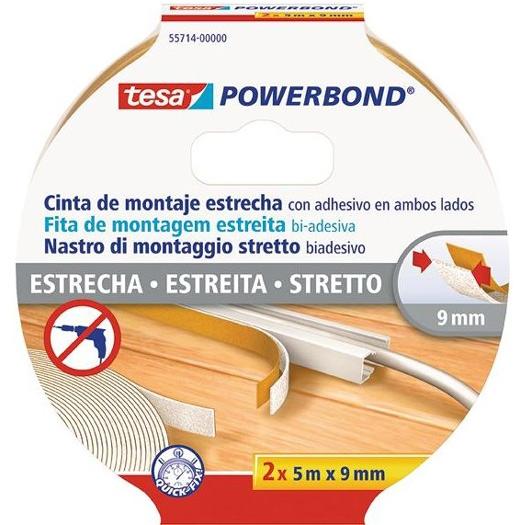 TESA CINTA ADHESIVA DE MONTAJE ESTRECHA DOBLE CARA POWERBOND 2 ROLLOS DE 5M X 9MM TRANSPARENTE