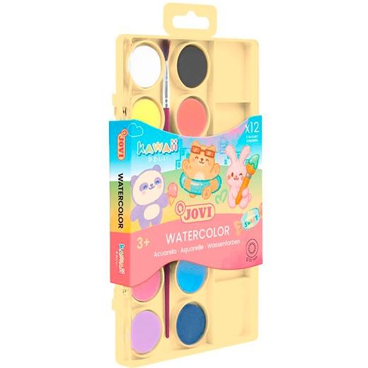 JOVI ACUARELAS KAWAII EN PASTILLAS 22MM CON PINCEL C/SURTIDOS ESTUCHE 12 UD - Color no elegible