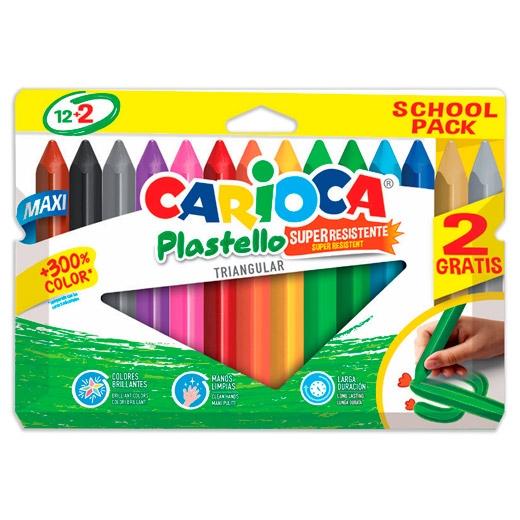 CARIOCA CERAS PLASTELLO SUPER RESISTENTES TRIANGULAR MAXI COLORES SURTIDOS ESTUCHE 12+2 UD - Pack de 6 unidades