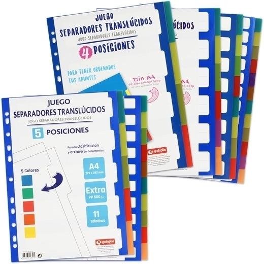 GRAFOPLAS SEPARADORES MULTITALADRO PP TRANSLÚCIDO EXTRA 6 POSICIONES 11 TALADROS A4 SURTIDOS