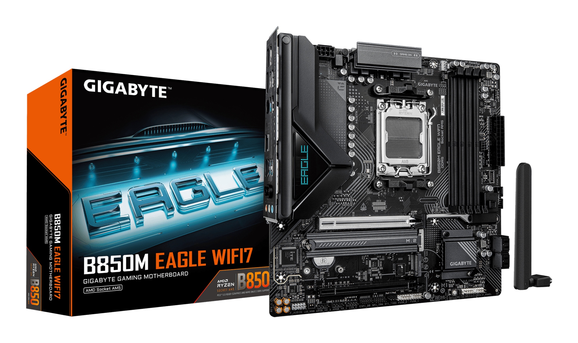 B850M EAGLE WIFI7 Placa Base  CPUs AMD Ryzen Serie 9000, VRM digital de 8+2+2 fases, hasta 8200 MHz DDR5 (O.C.), 1× M.2 PCIe 5.0 + 1× M.2 PCIe 4.0, Wi-Fi 7, LAN 2.5 GbE, USB 3.2 Gen 2