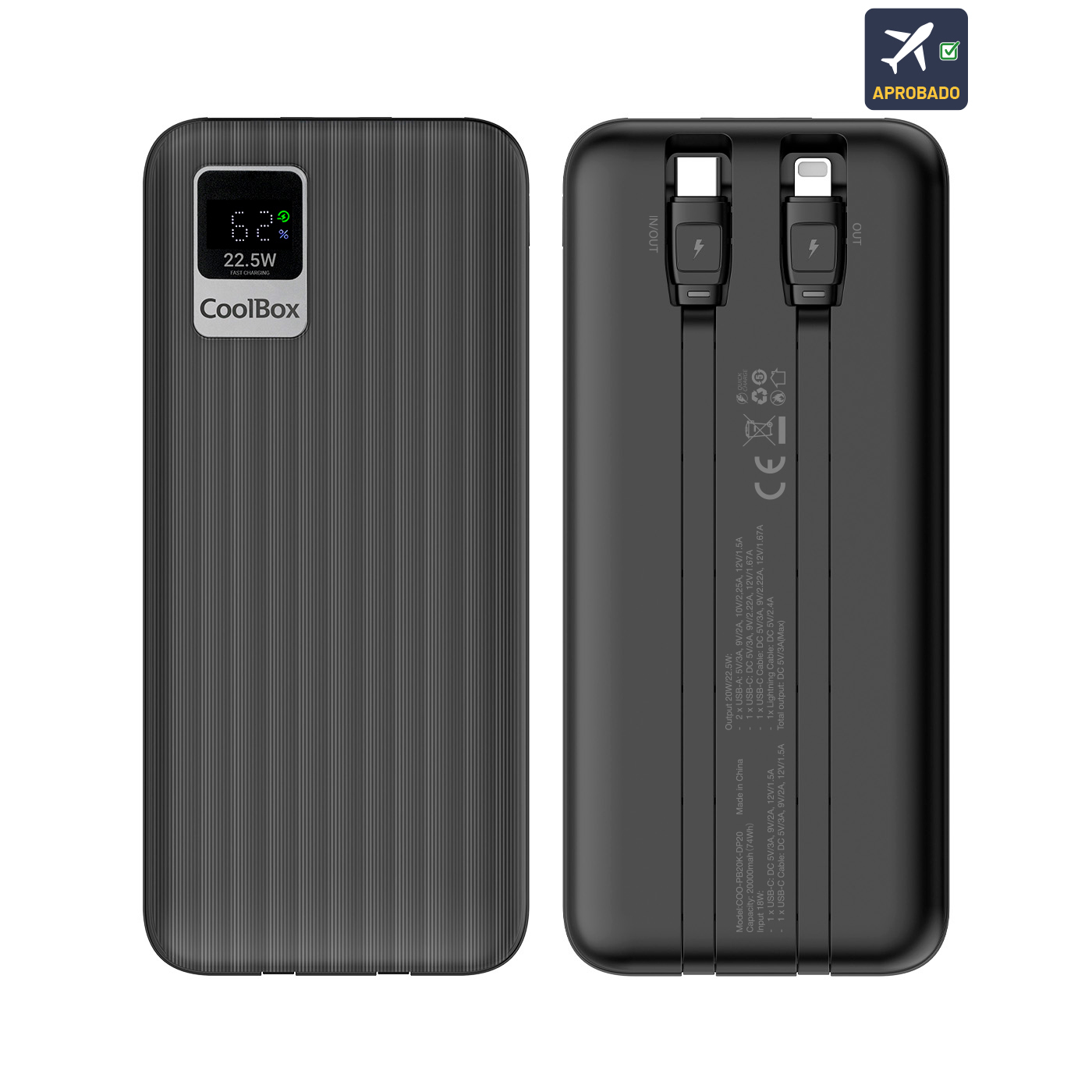 POWERBANK DP20 20000MAH LCD+CABLES INTEGRADOS USB-C+LIGHTING NEGRO CARGA RAPIDA