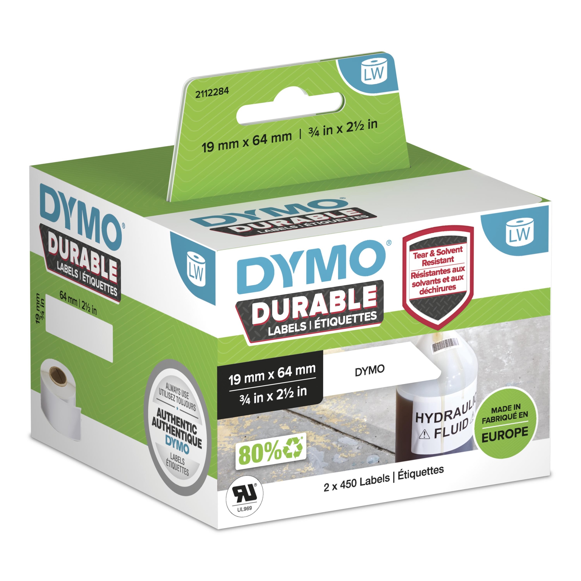 LW auténticas etiquetas durables | 19mm × 64mm | 2 rollos de 450 etiquetas "White Poly" (900 unidades) | Etiquetas que duran sobre superficies exigentes para etiquetadoras LabelWriter