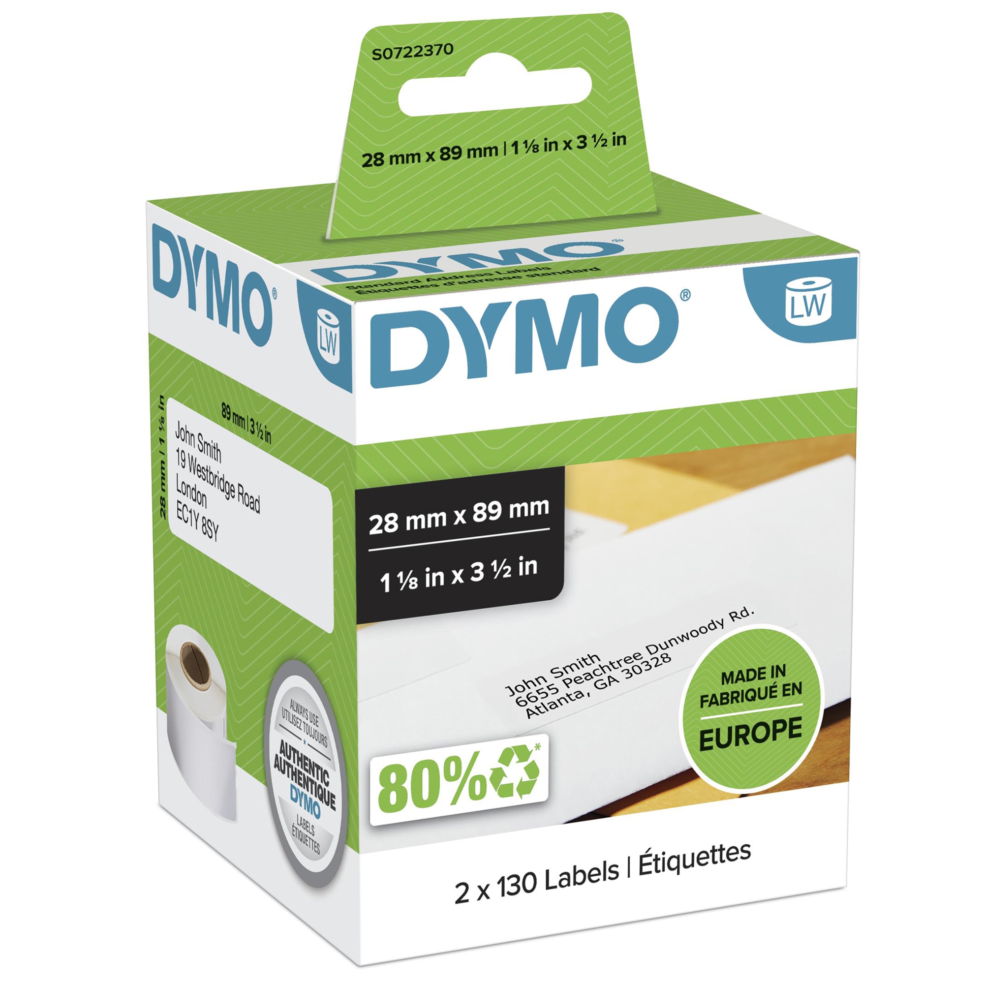 LW etiquetas auténticas de dirección del remitente | 28 mm × 89 mm | 2 rollos de 130 etiquetas con reverso fácil de retirar (260 unidades) | autoadhesivas | para etiquetadoras LabelWriter