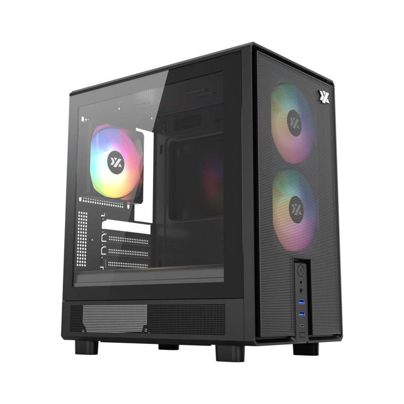ATOM, Cristal Templado, Malla, 3x Pulsar 120mm A-RGB, PWM, Tipo C, M-ATX, Negra