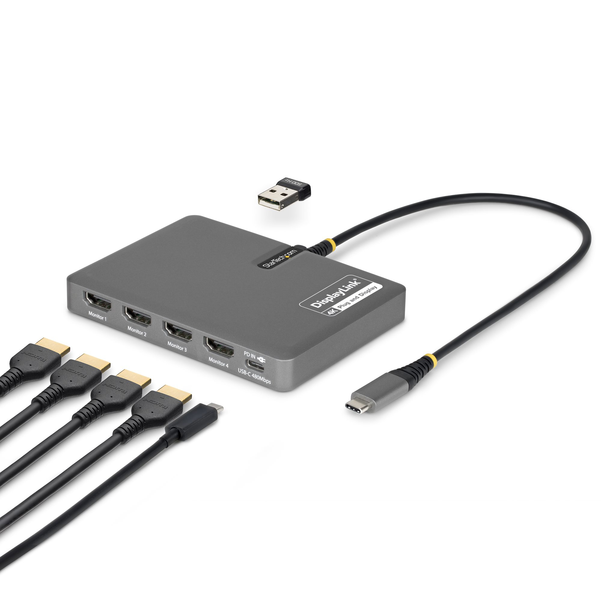 Adaptador USB-C a 4x Pantallas HDMI - HDMI 4K 60Hz - PD 140W de Paso para Carga de Portátiles - 1x Puerto USB 2.0 para Teclado o Ratón - TAA