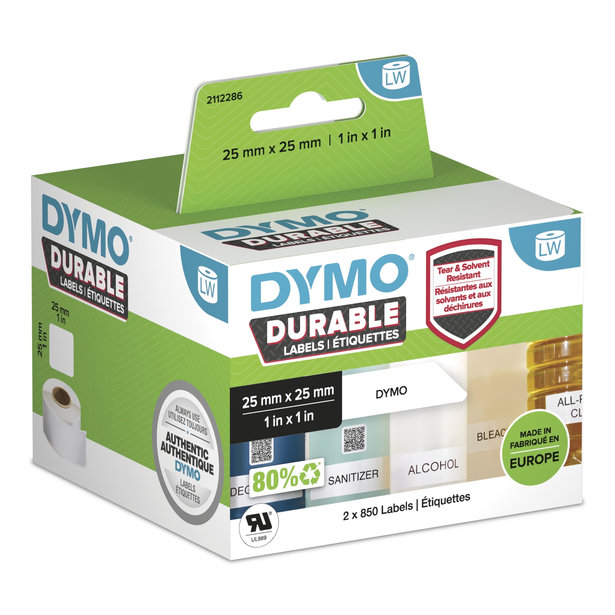 LW auténticas etiquetas durables | 25mm × 25mm | 2 rollos de 850 etiquetas "White Poly" (1700 unidades) | Etiquetas que duran sobre superficies exigentes para etiquetadoras LabelWriter