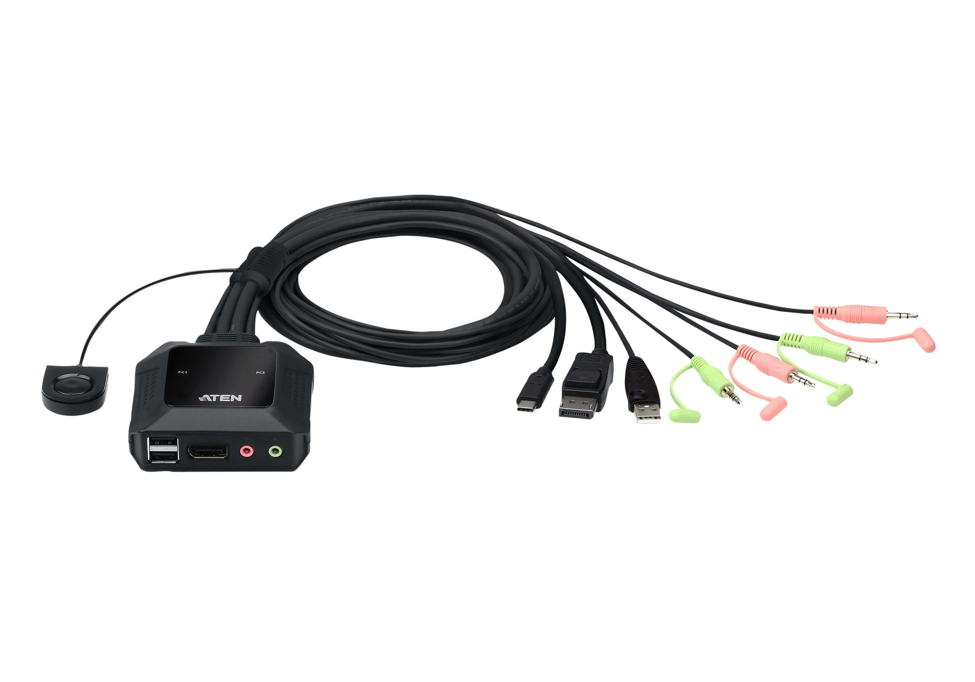 Switch KVM en formato cable híbrido DisplayPort de 2 puertos USB-C