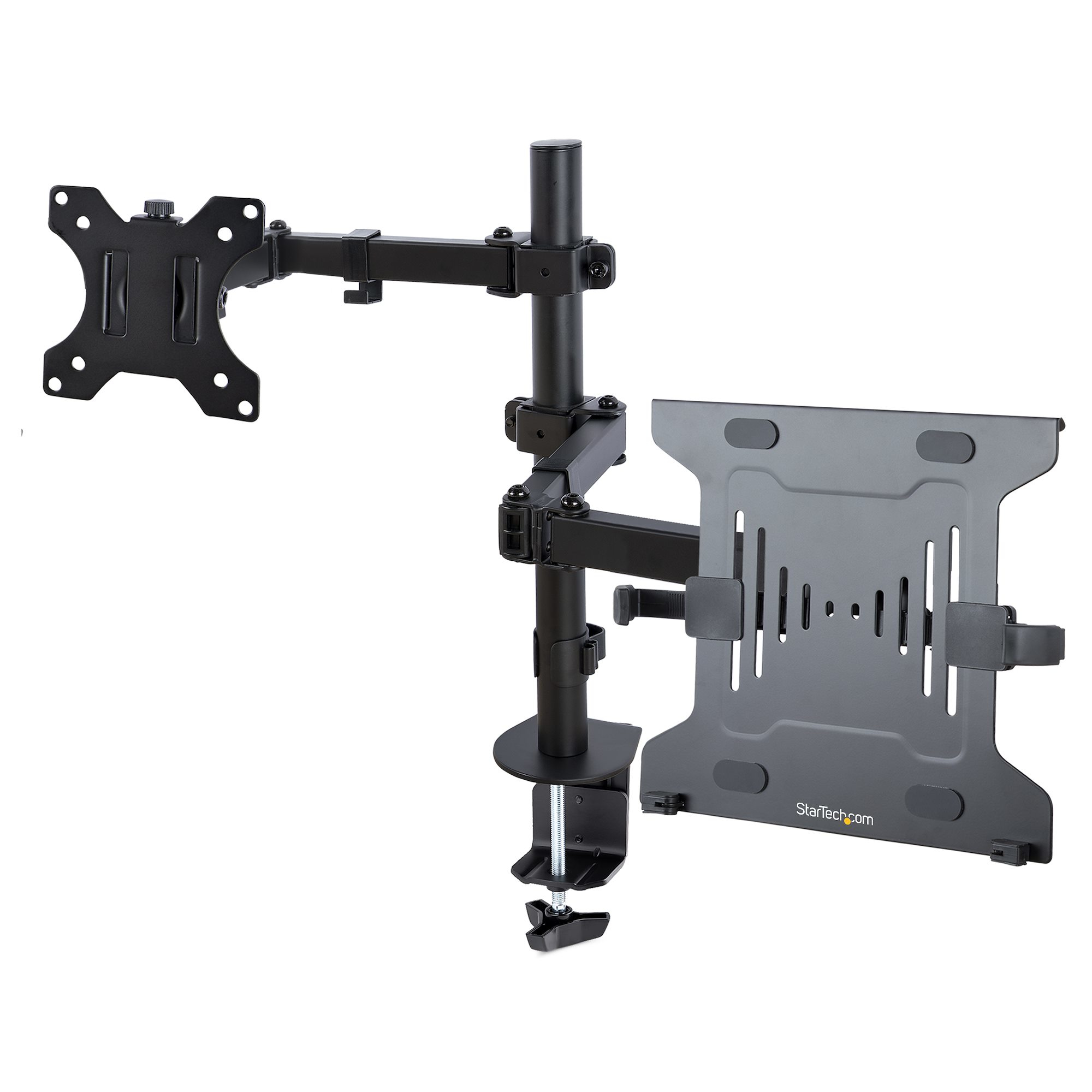 Brazo Soporte Ajustable para Monitor con Bandeja VESA para un Ordenador Portátil de 4,5kg y una Pantalla de hasta 32" (8kg), Negro, con Mordaza en C/Grommet