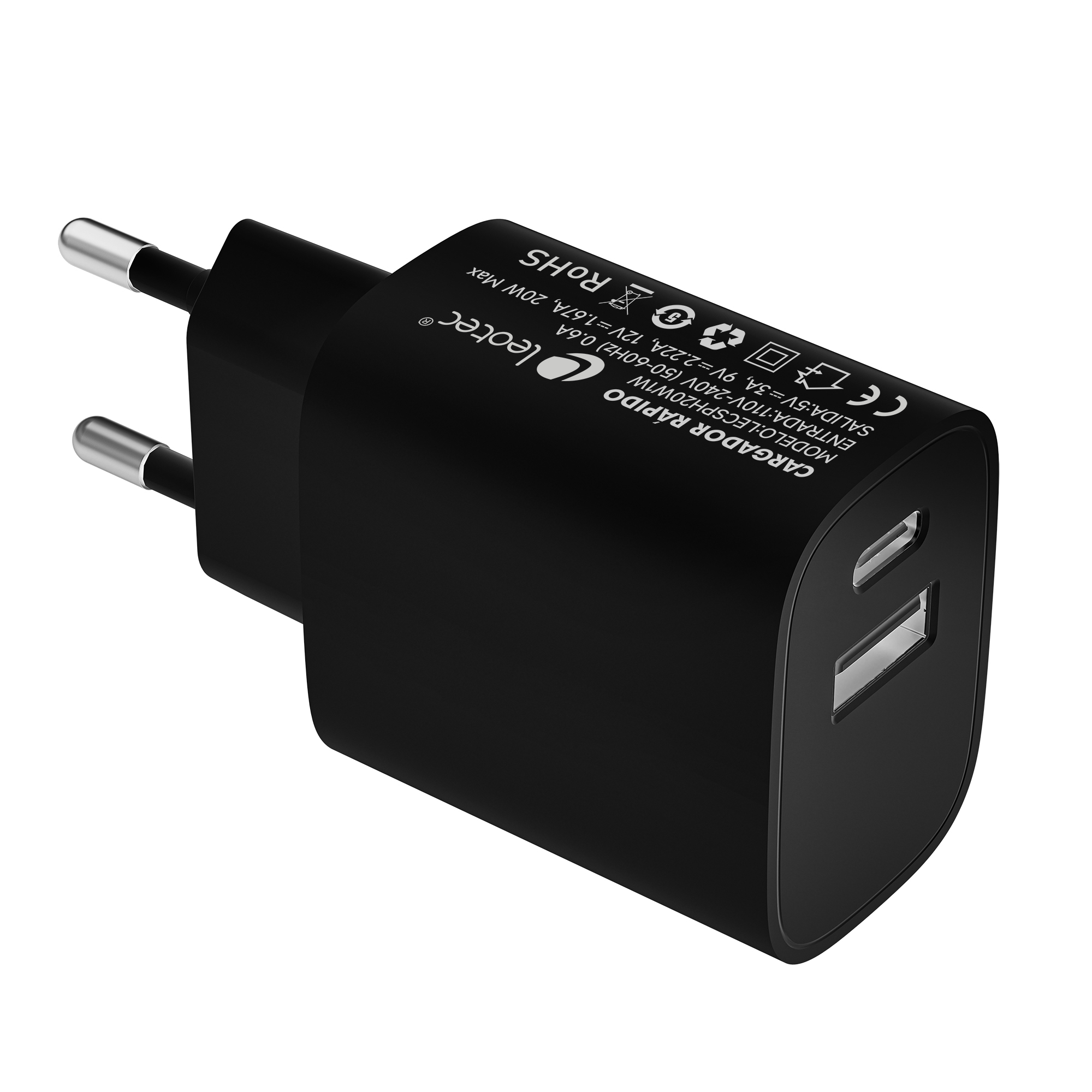 Cargador 20W 1xUSB-C PD + 1x USB-A Negro
