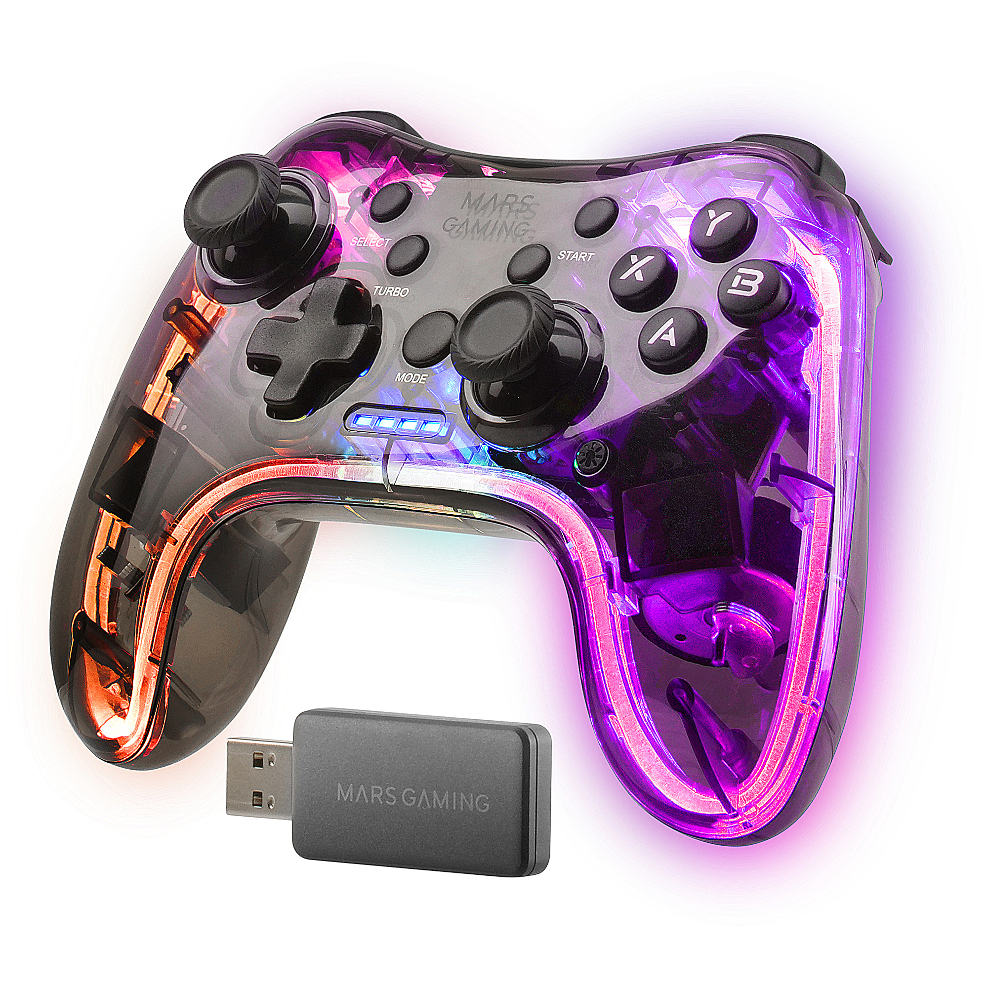 Gamepad Inalámbrico 2.4GPRO, Neon RGB, Vibración Háptica Dual, Joysticks Analógicos, Mando para PC, PS3, PS4, XBOX360, Raspberry Pi, Mac, Android, MGP-24, Transparente