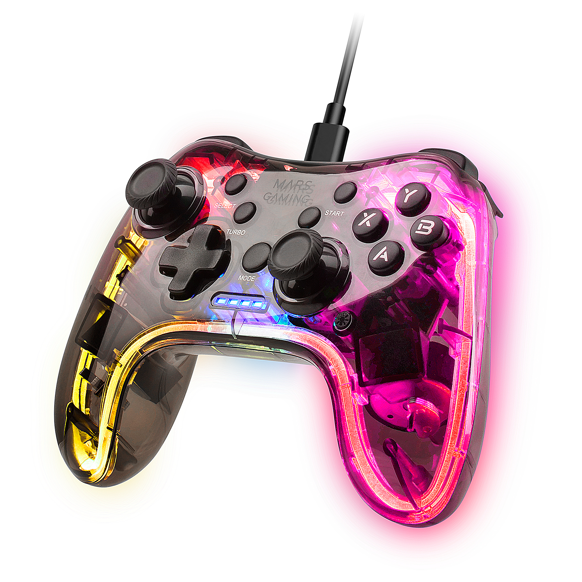 MGP-C, Gamepad Profesional Neón RGB, Vibración Háptica Dual, Joysticks Analógicos, Mando para PC, Switch, PS3, Raspberry Pi, Mac, Android, Transparente, MGPC, Transparente
