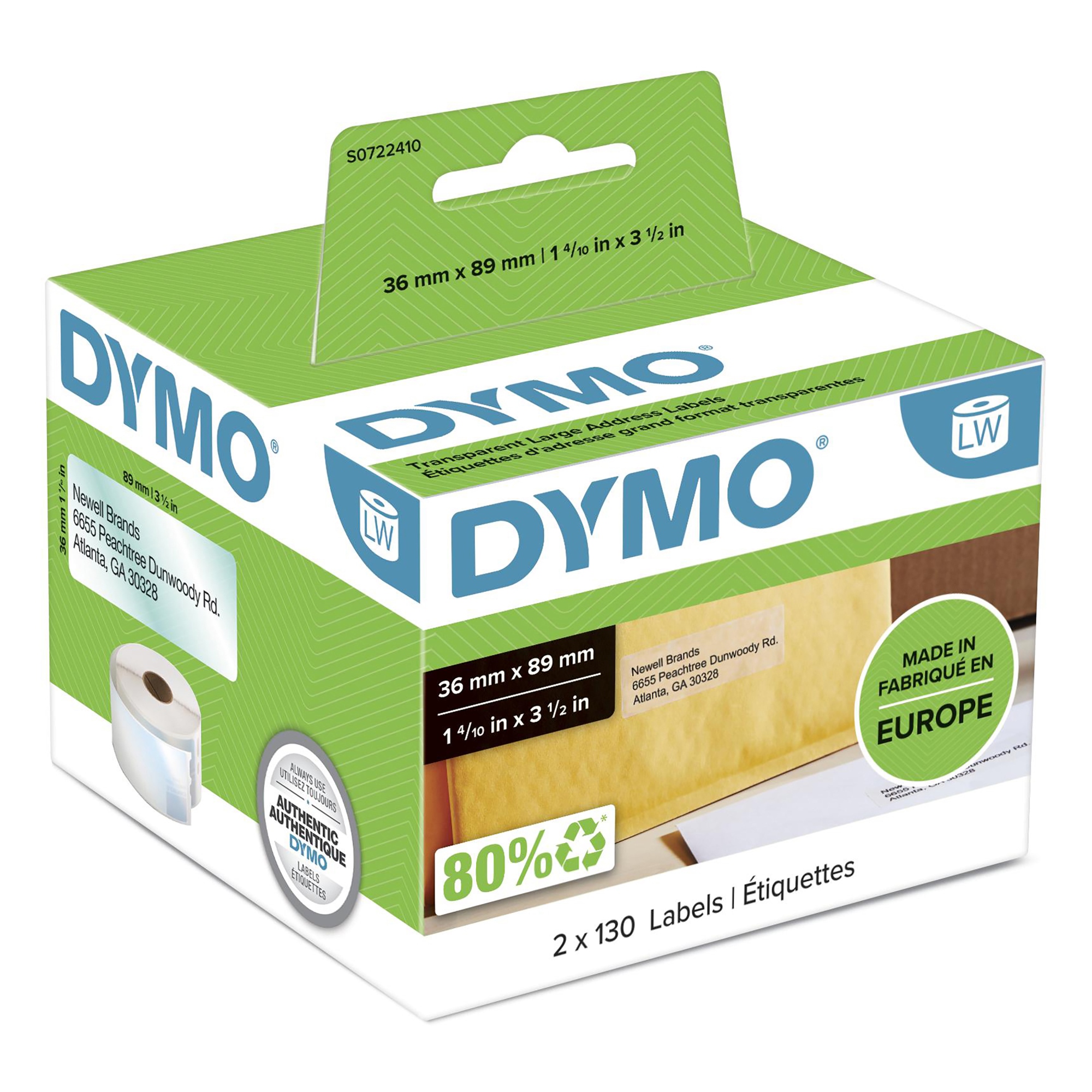 LW etiquetas de dirección auténticas | 36 mm × 89 mm | negro sobre transparente | 2 rollos de 130 etiquetas autoadhesivas (260 unidades) | para etiquetadoras LabelWriter