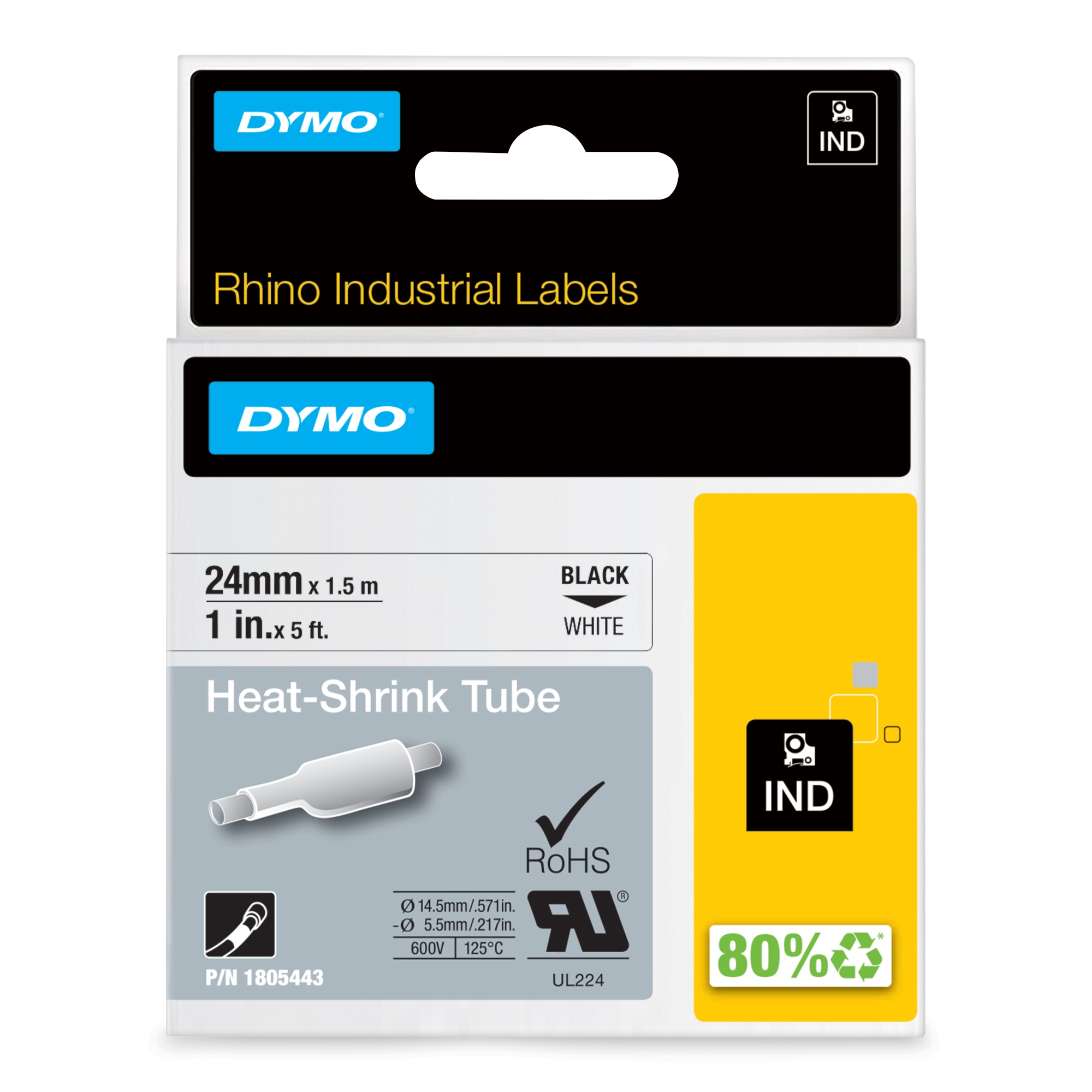 Rhino Tubos industriales termorretráctiles para etiquetas de cable | 24 mm x 1,5 m | Impresión en negro sobre blanco | Autoadhesivos | Para rotuladoras Rhino