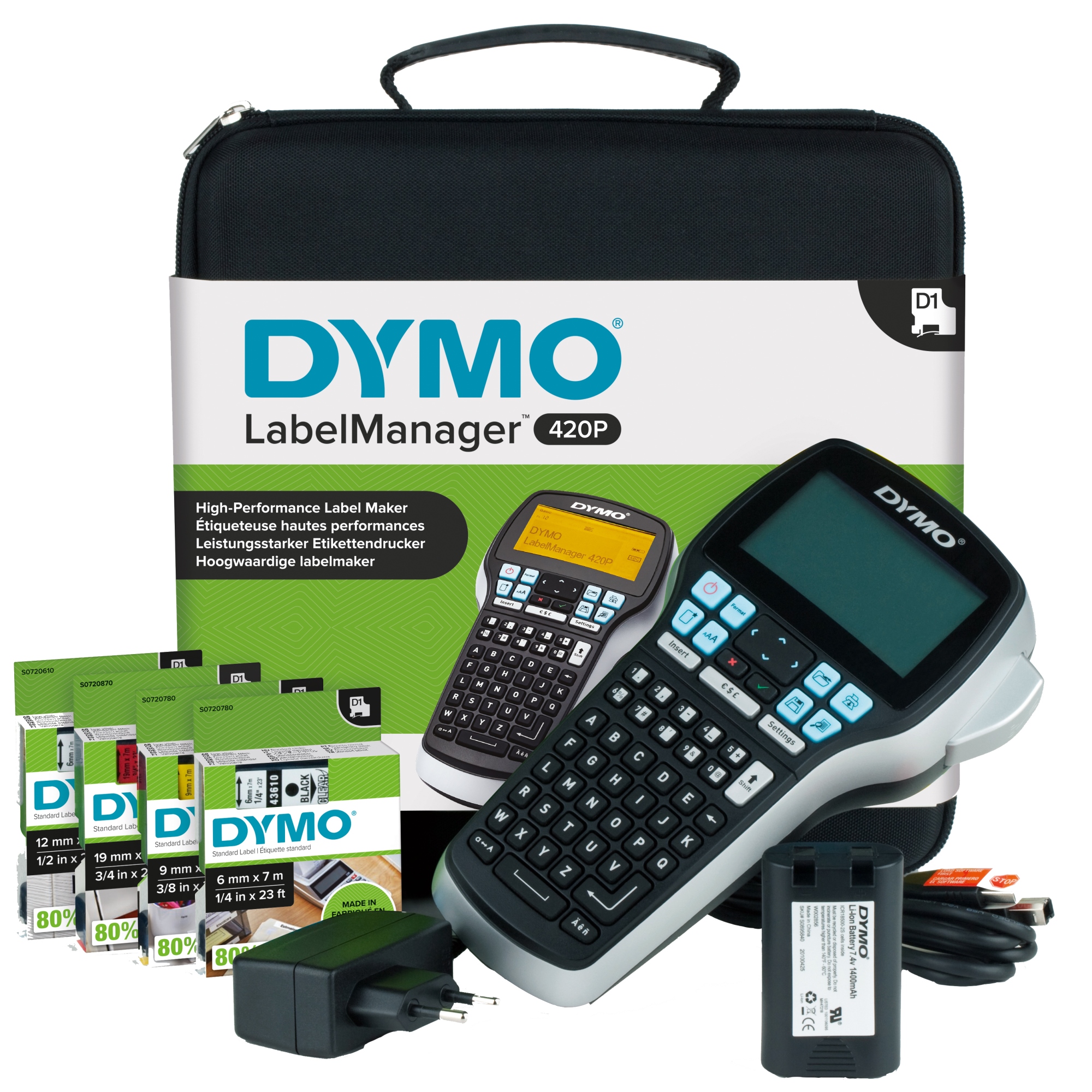 LabelManager 420P kit de etiquetadora | Impresora de etiquetas portátil y recargable de alto rendimiento | teclado ABCcon 4 rollos de etiquetas D1 y maletín de transporte
