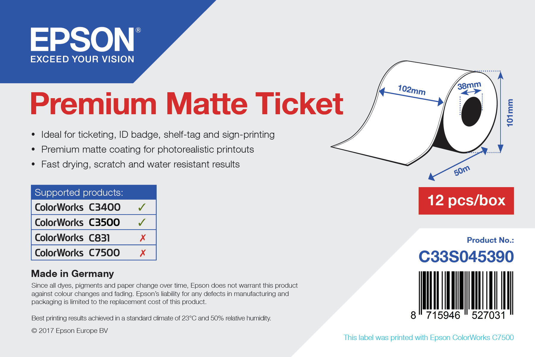Rollo de Premium Matte Ticket, 102 mm x 50 m
