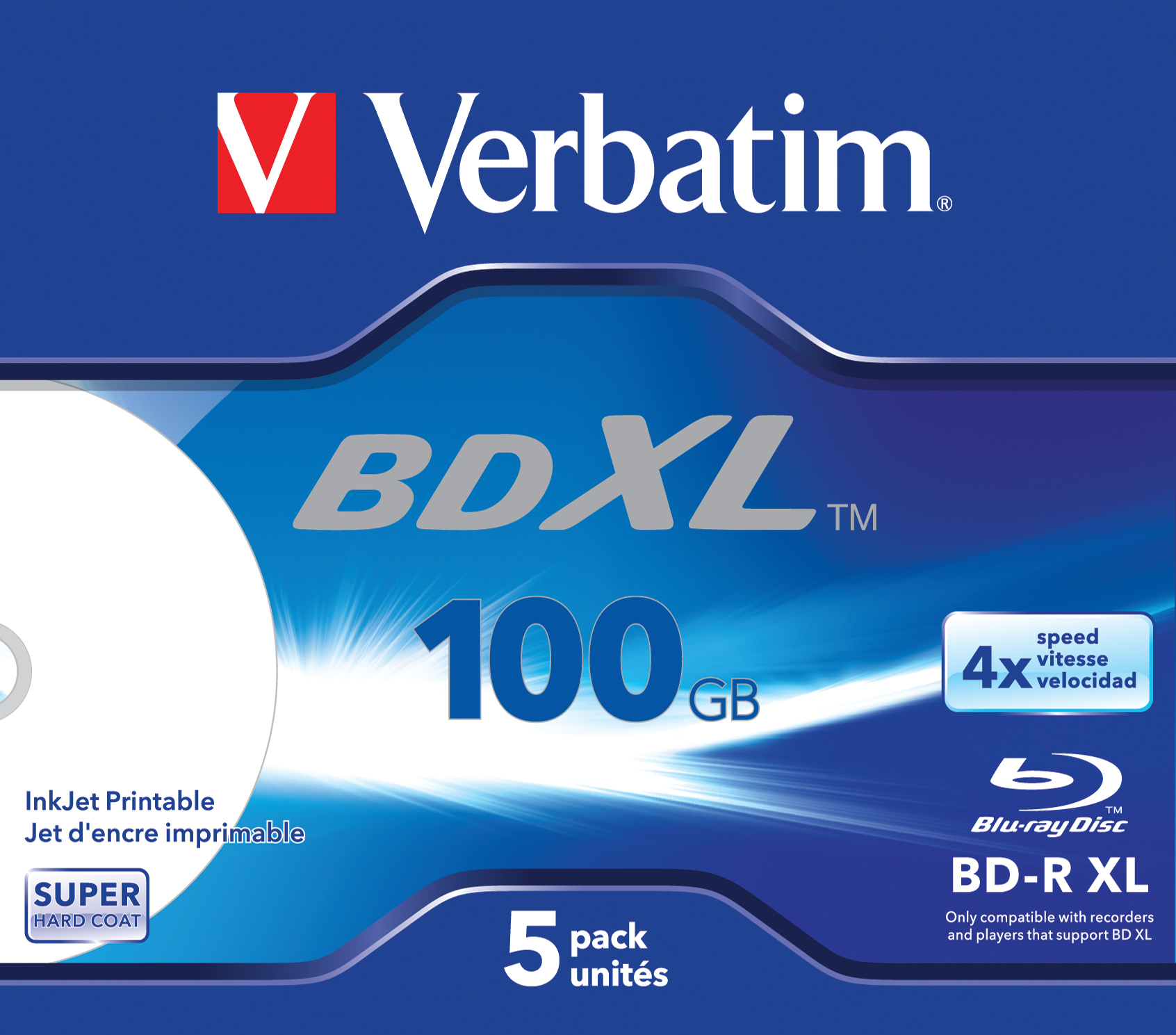 Paquete de cinco en caja Jewel con área de impresión ancha para impresoras de inyección de tinta 4x 100 GB* BD-R XL