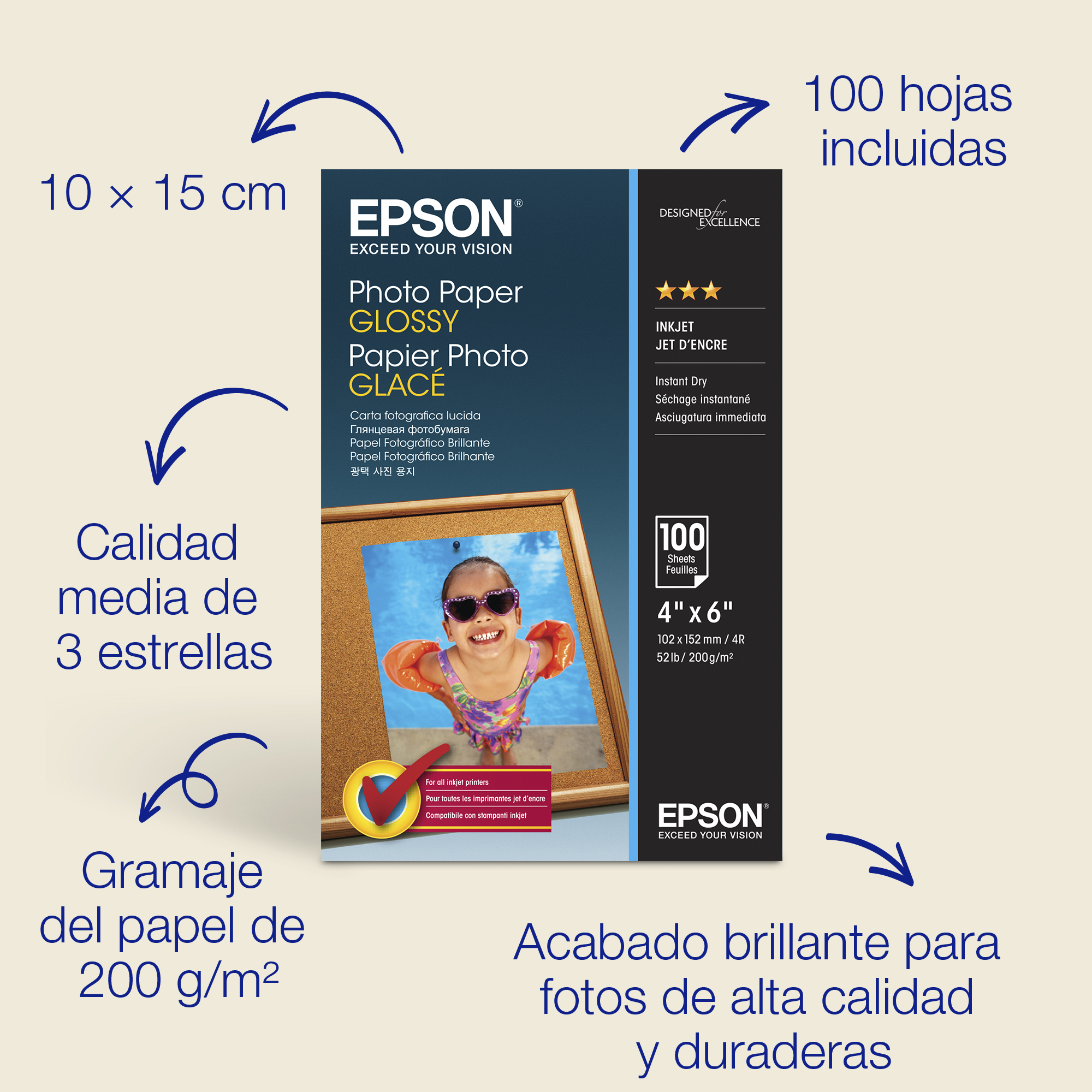Papel fotográfico brillante de (100 × 150 mm), 200 g/m2, 100 hojas