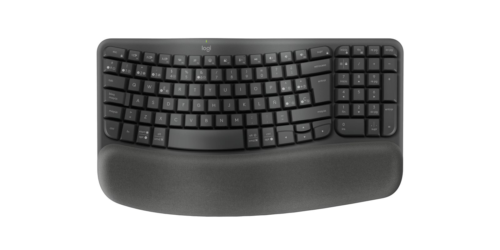 Wave Keys, teclado ergonómico inalámbrico con reposamanos acolchado, escritura cómoda y natural, Easy-Switch, Bluetooth, Logi Bolt, multisistema operativo, Windows/Mac,QWERTY Español, Grafito