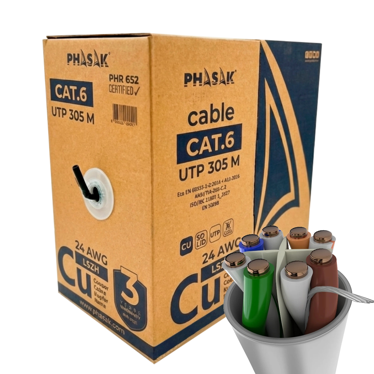 Bobina Cobre 100% Sólido UTP Certificada LSZH AWG24 Cat.6 305 m cable de red - PHR 652