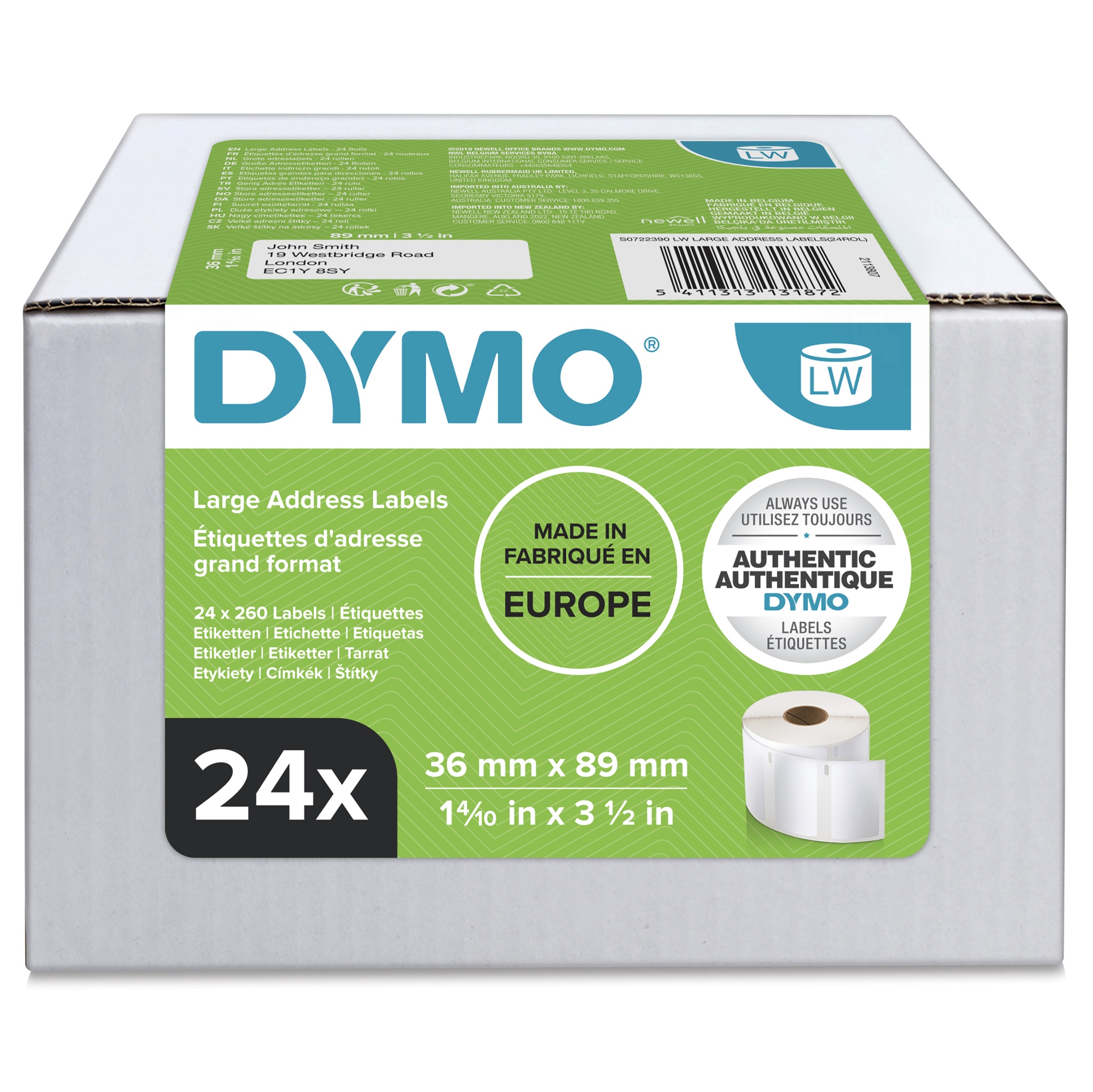 LW etiquetas auténticas de dirección grandes | 36 mm × 89 mm | 24 rollos de 260 etiquetas con reverso fácil de retirar (6240 etiquetas) | autoadhesivas | para etiquetadoras LabelWriter