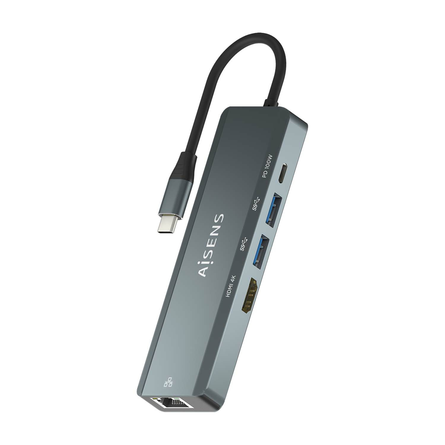 USB-C Dock 5 en 1, USB-C a 1xHDMI, 1xRJ45, 2xUSB, 1xPD, Gris, 15 cm