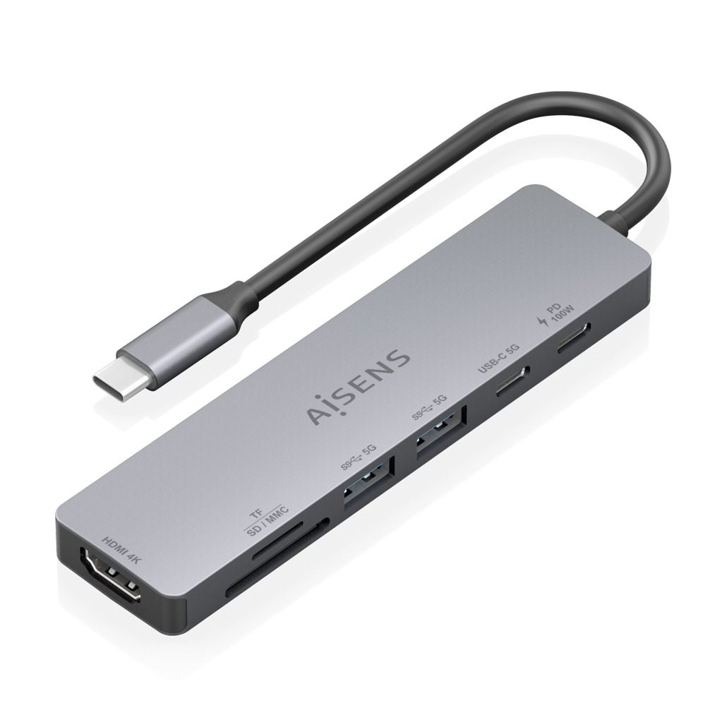 USB-C Dock 7 en 1, USB-C a 1xHDMI, 2xUSB-A, 1xUSB-C, 1xUSB-C PD 100W, 1xSD, 1xMicroSD, Gris, 15cm