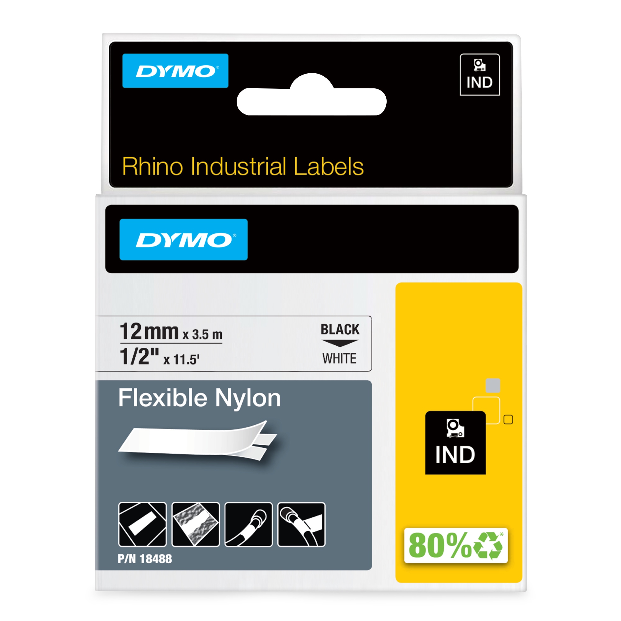 Rhino etiquetas industriales de nylon flexible | 12 mm x 3,5 m | de color negro sobre fondo blanco