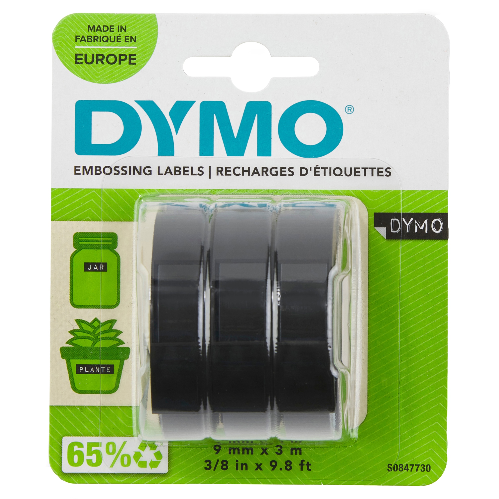 auténtica etiquetas de estampación 3D | 9 mm x 3 m | Negro | Autoadhesivas | para las etiquetadoras de estampado | 3 rollos | Fabricado en Europa