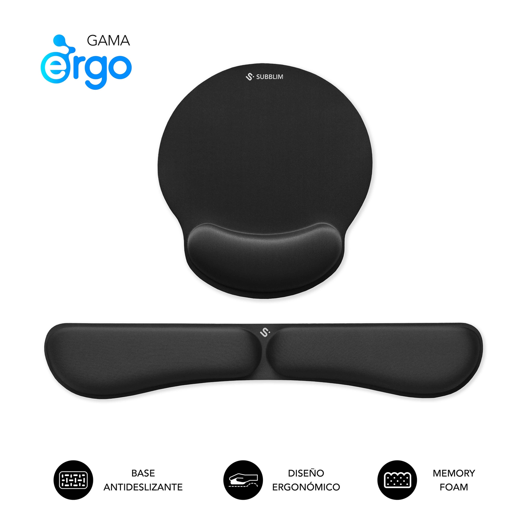 Pack Alfombrilla de Ratón Ergonómica + Reposamuñecas Teclado  Espuma elástica, Superficie Microtexturizada Impermeable, Base Antideslizante, Portátil, Negro