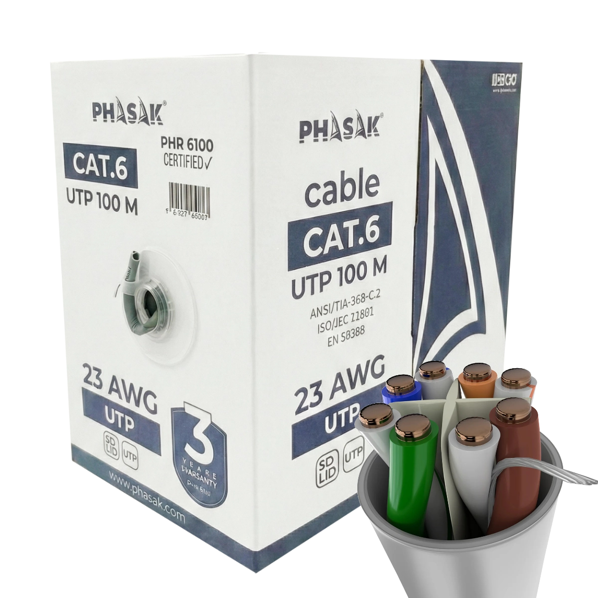 Bobina de Cable de Red 100 m UTP Sólido AWG23 Cat.6 CCA - PHR 6100